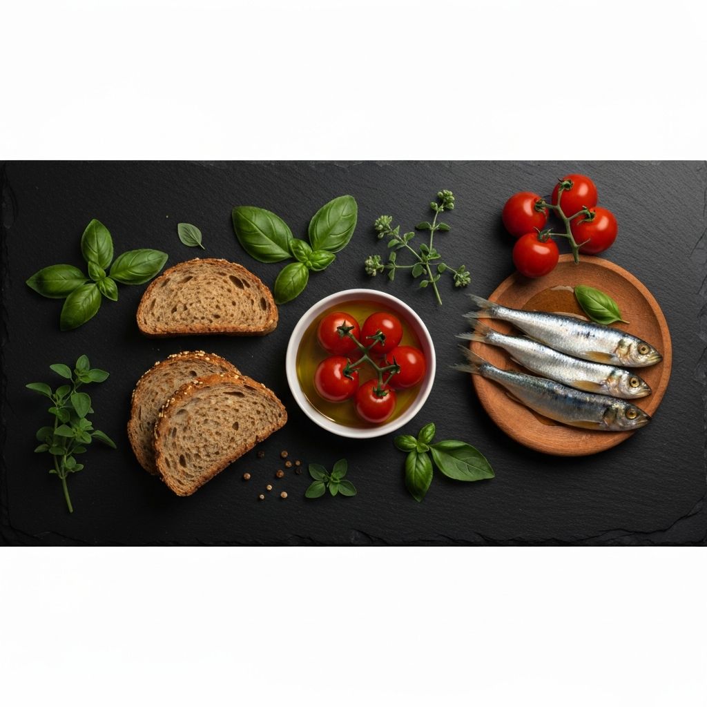 Mediterranean ingredients arranged on dark stone surface